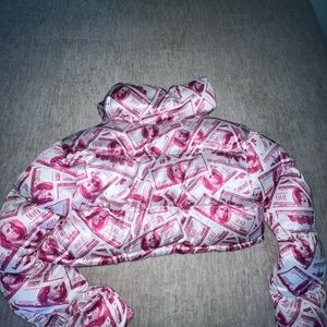 pink and white money bubble coat